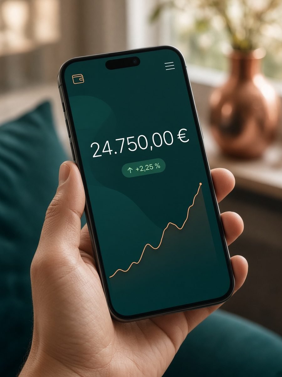 Smartphone mit Finanz-App zeigt Kontostand und Zinsübersicht