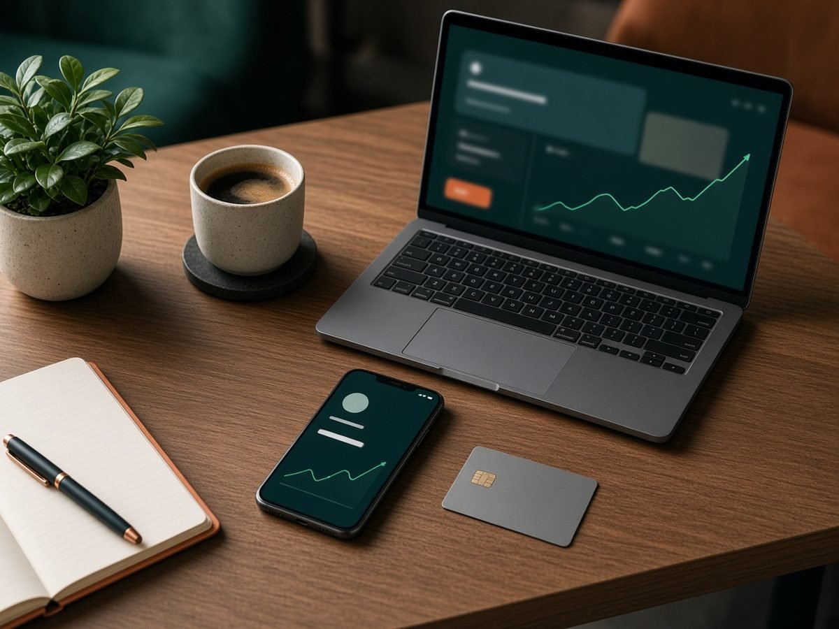 Bankkarte und Smartphone mit Finanz-App auf einem Schreibtisch